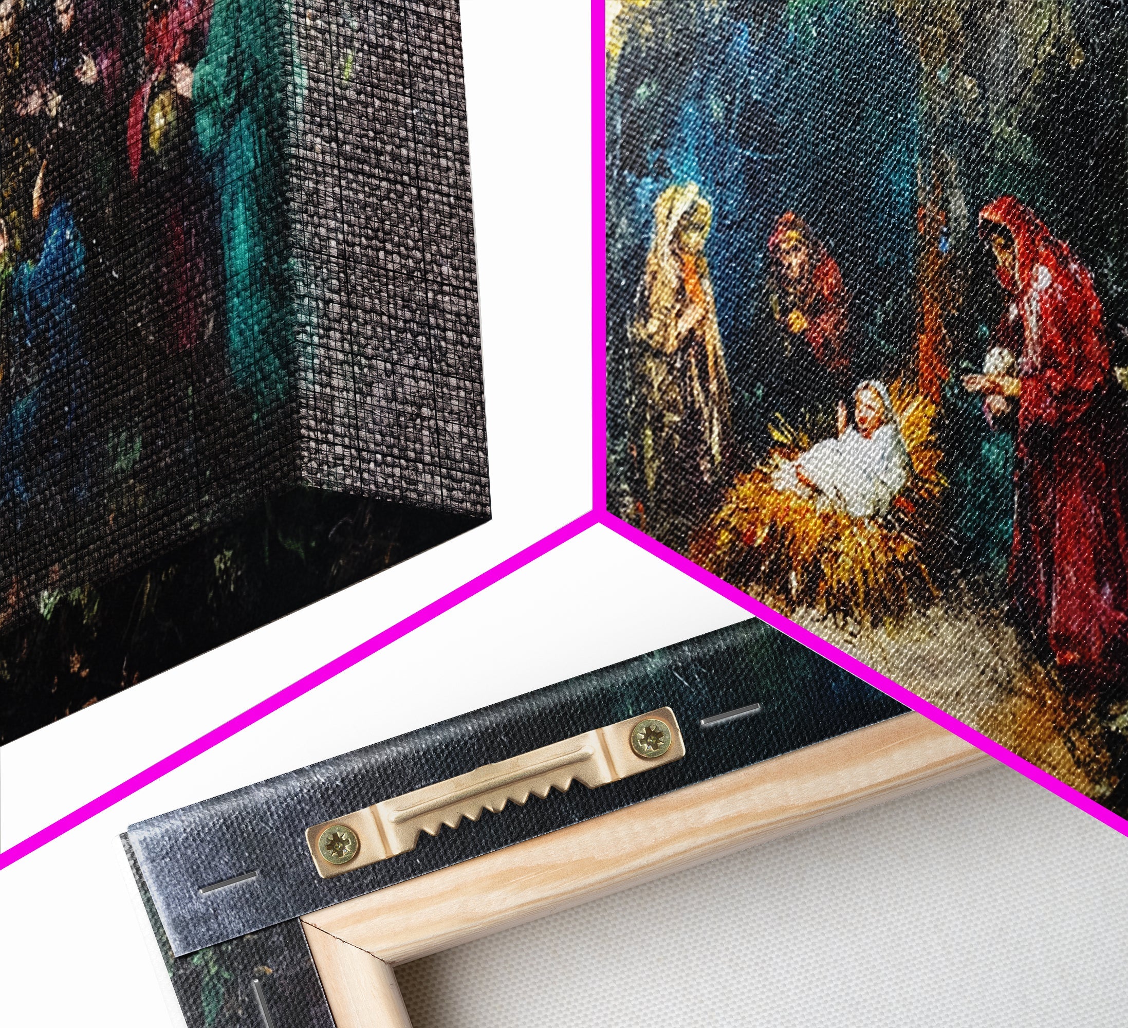 Corner of framed canvas nativity print showing textured fabric and frame edge
