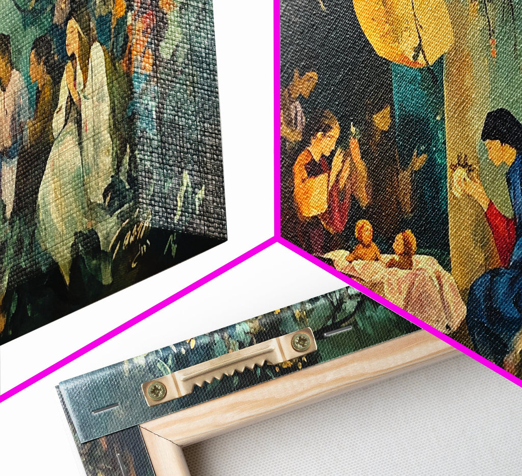 Back of framed nativity canvas wall art showing hanging hardware and canvas edge