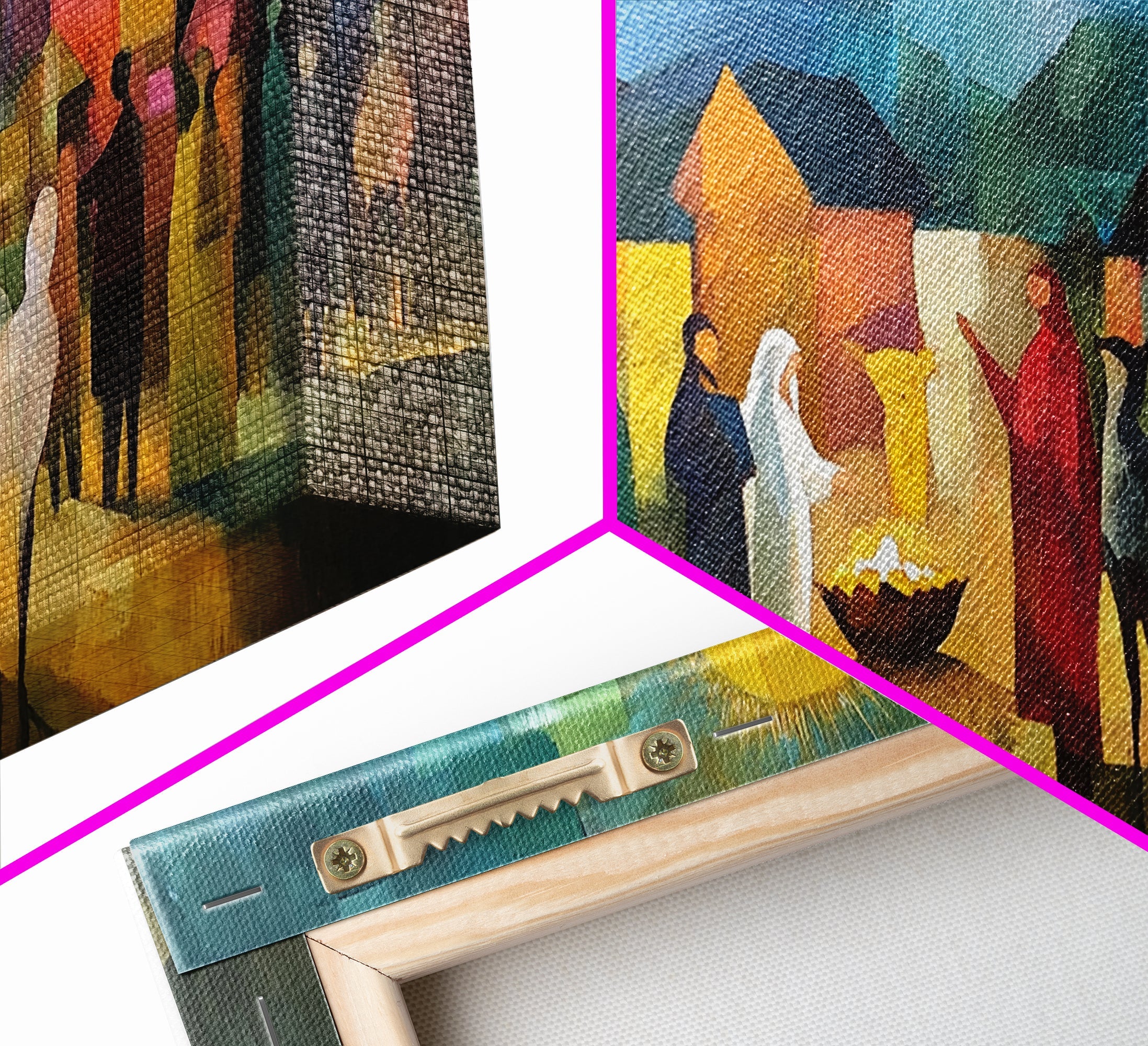 Framed nativity art print corner detail with textured canvas weave and painted figures