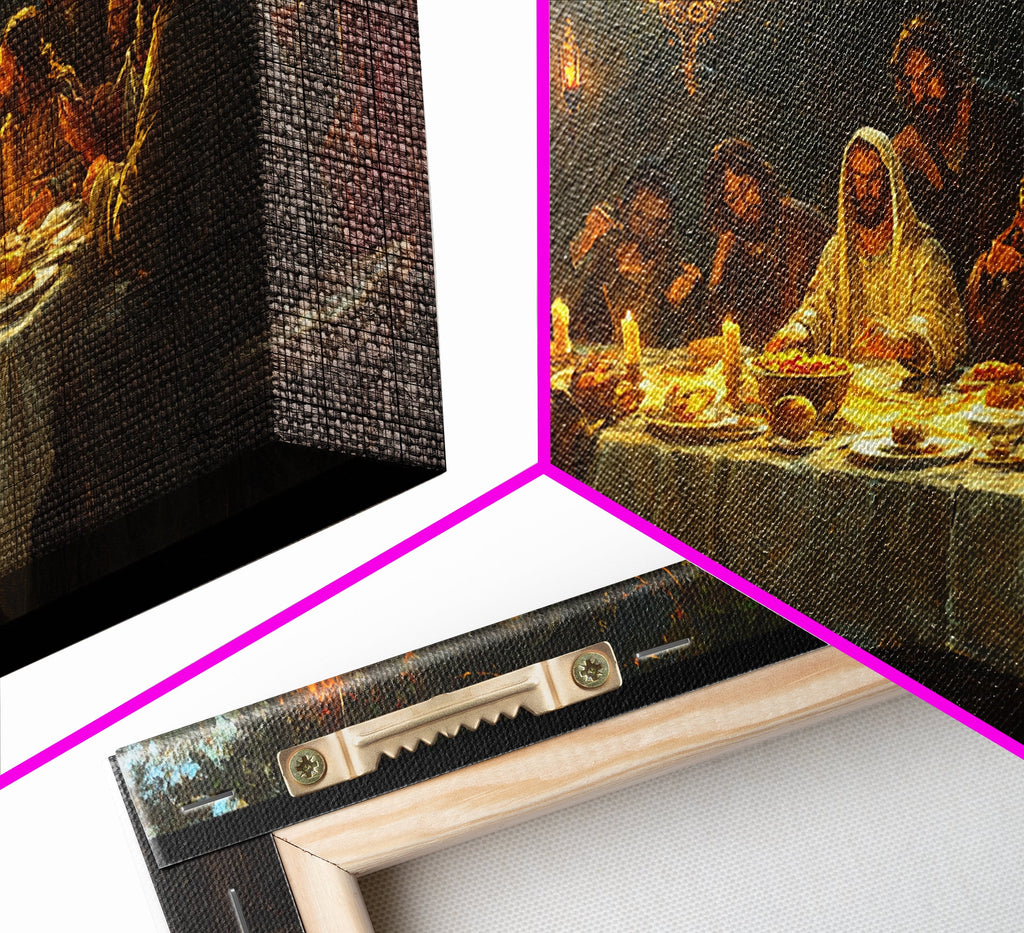 Corner detail of framed canvas print, stretched fabric texture and inner frame