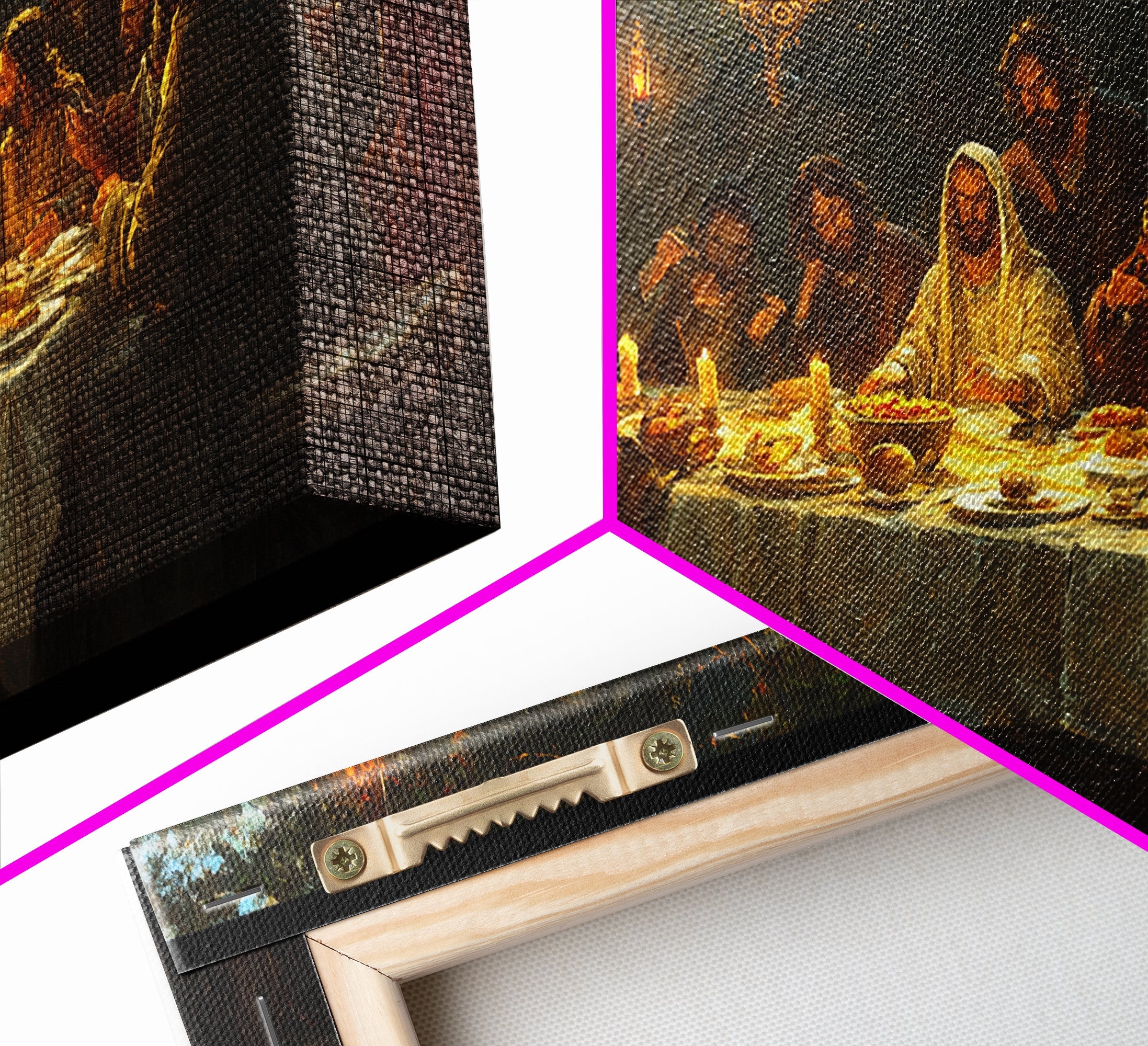 Corner detail of framed canvas print, stretched fabric texture and inner frame