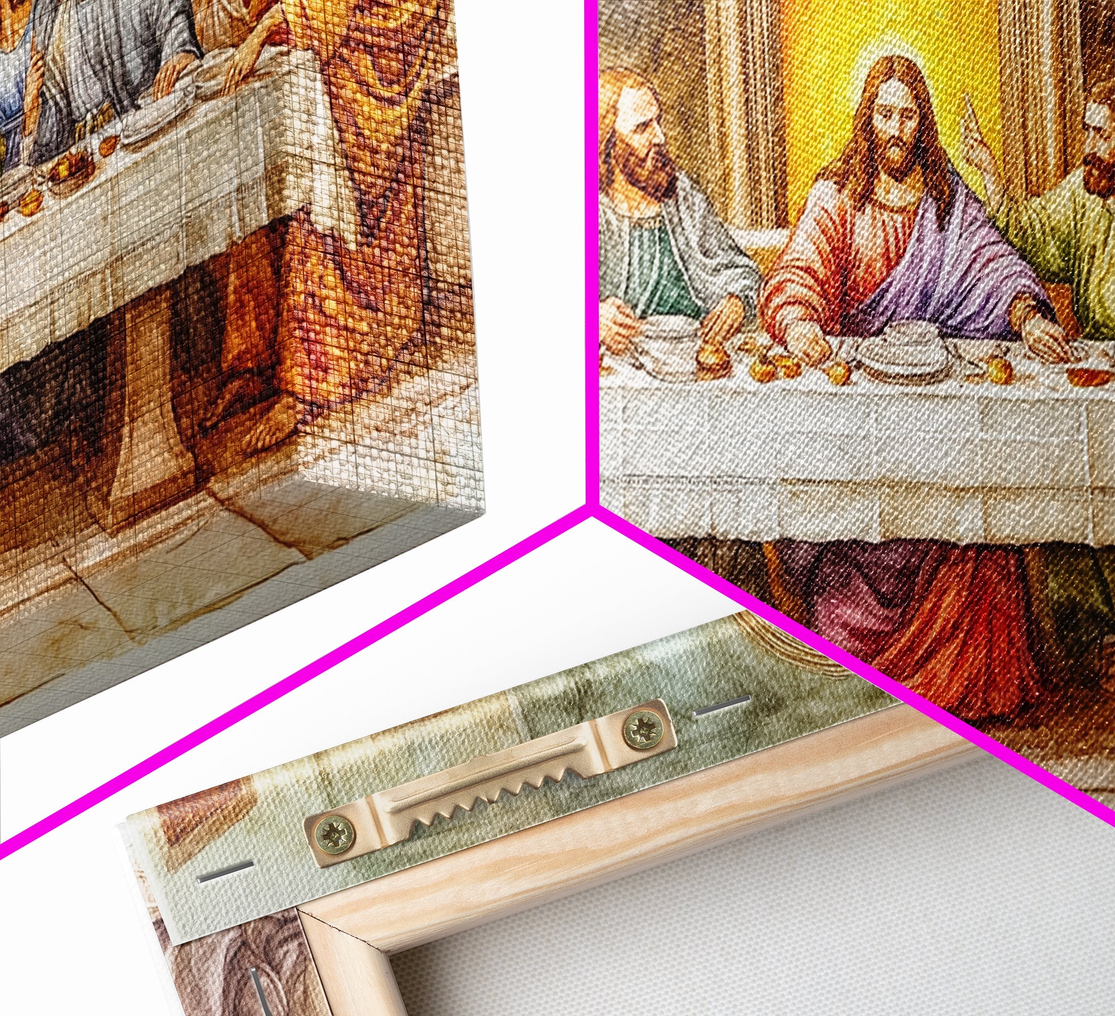 Framed canvas print corner with textured Last Supper artwork detail.