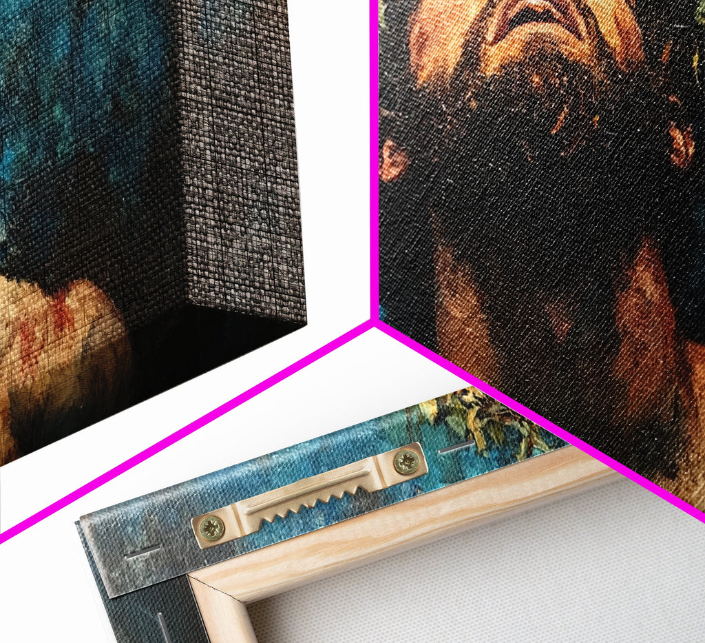 Close-up of framed canvas corner with textured paint of Jesus portrait