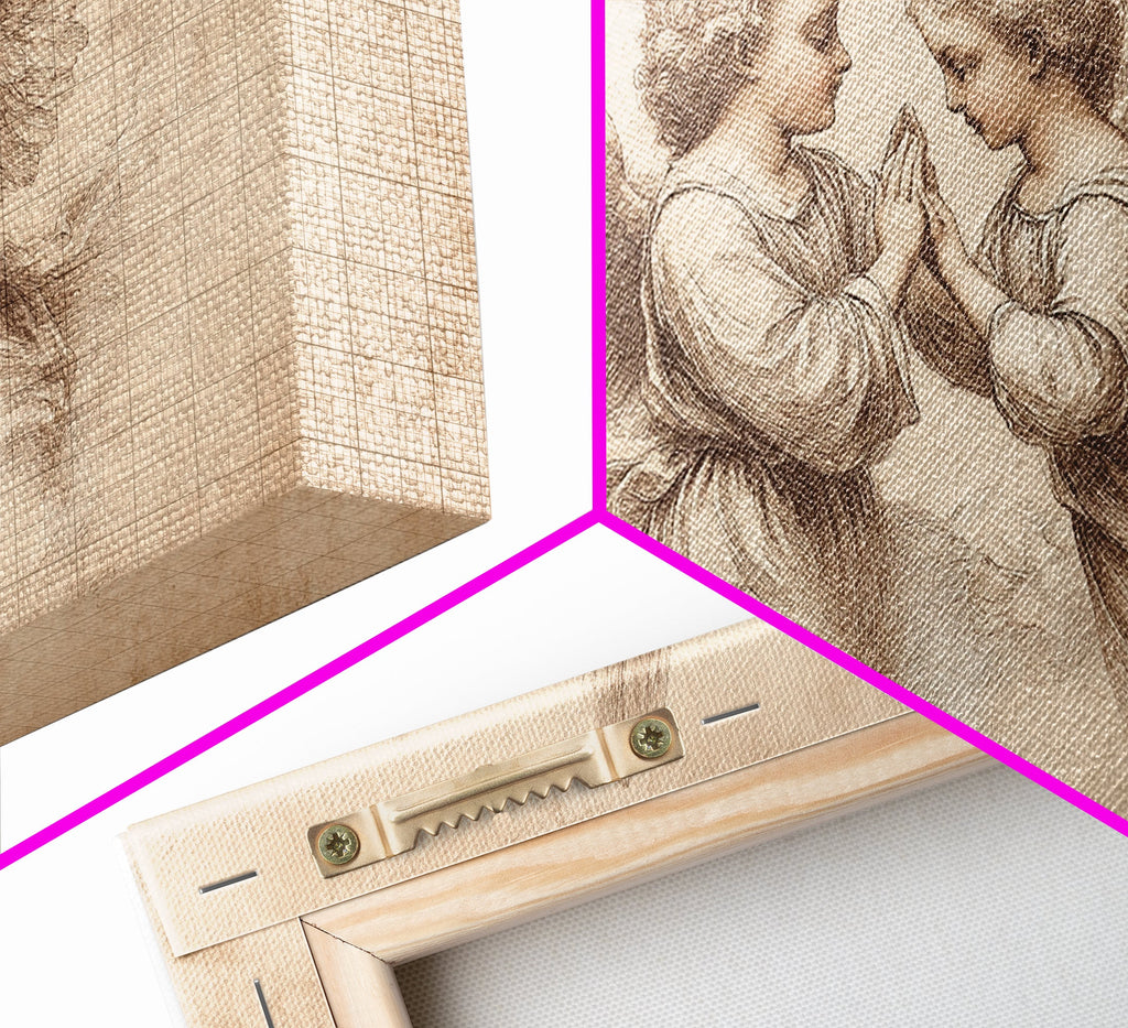 Corner close-up of angel canvas print with frame edge and hanging hardware