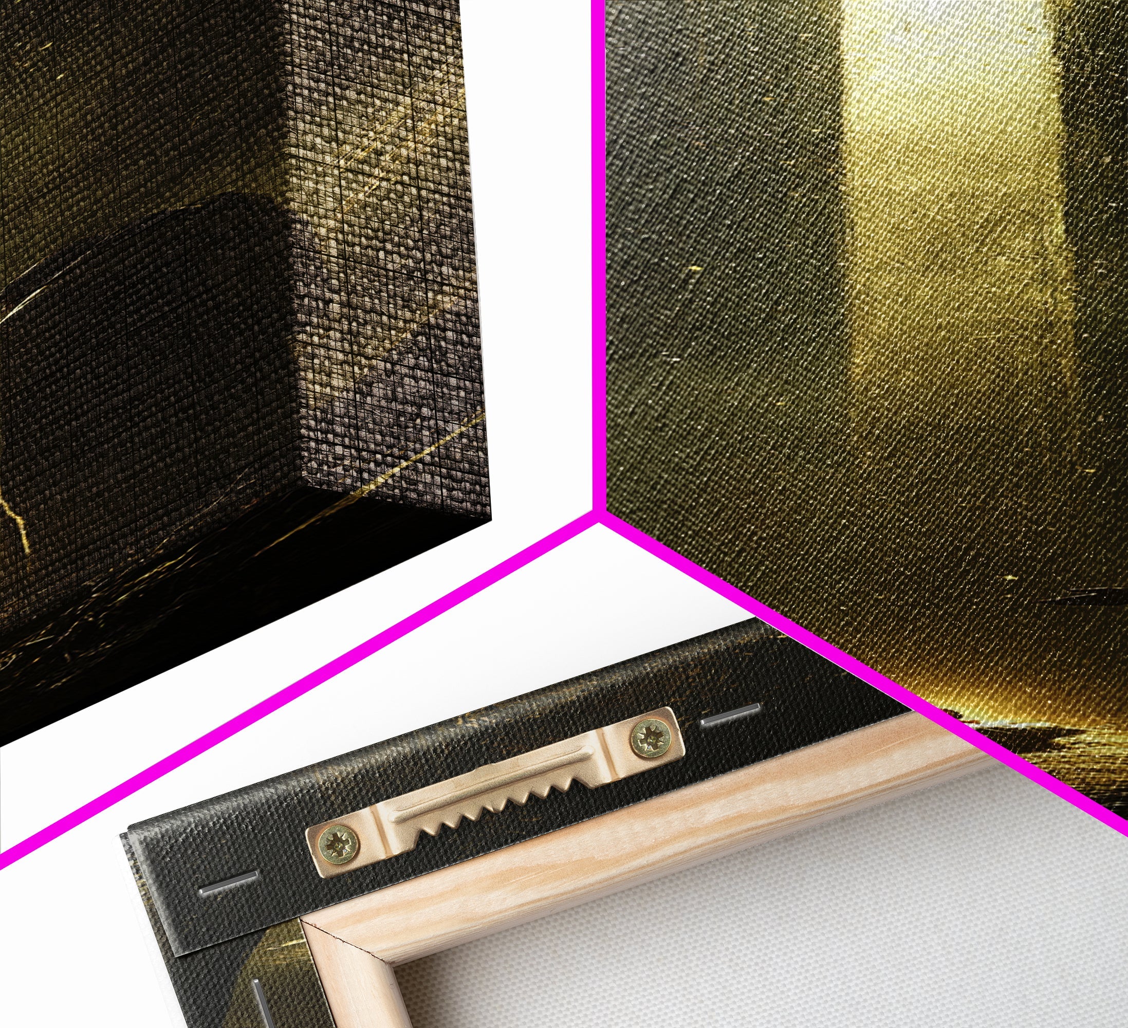 Gallery wrap canvas frame corner with hanging hardware and textured fabric