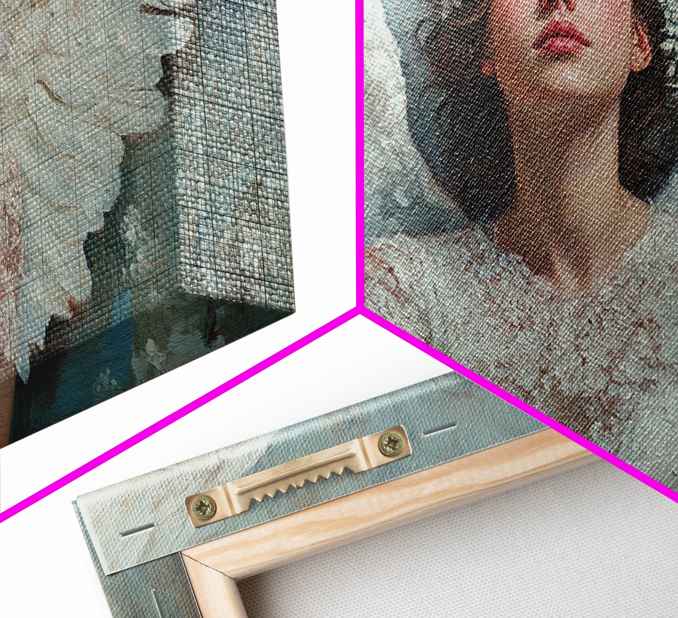 Framed canvas print corner detail with angel artwork and light wood stretcher frame
