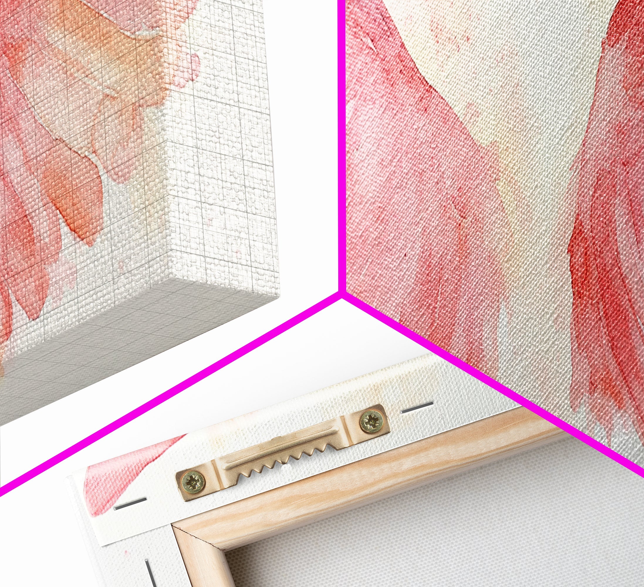 Pink angel wings canvas print corner detail with wooden frame and mounting hardware