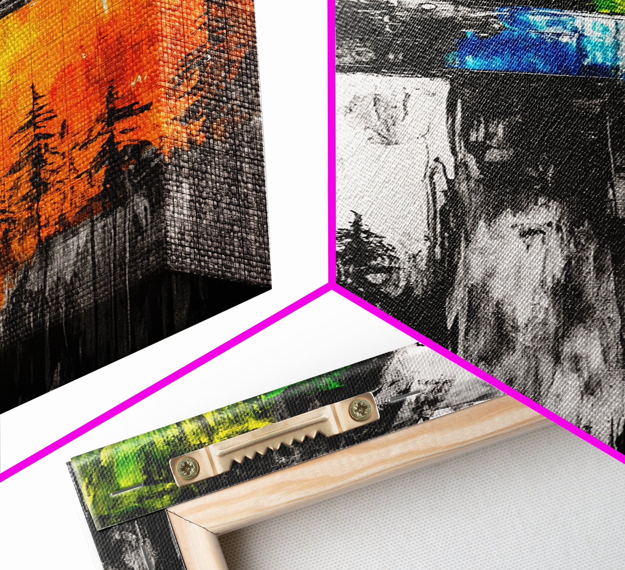 Textured canvas print of a cross with wooden frame corner and hanging hardware