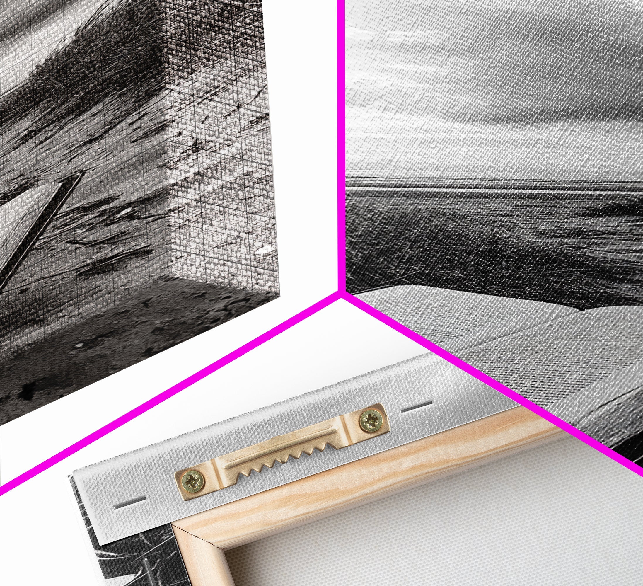 Framed canvas print corner detail with stretched fabric and wood frame edge