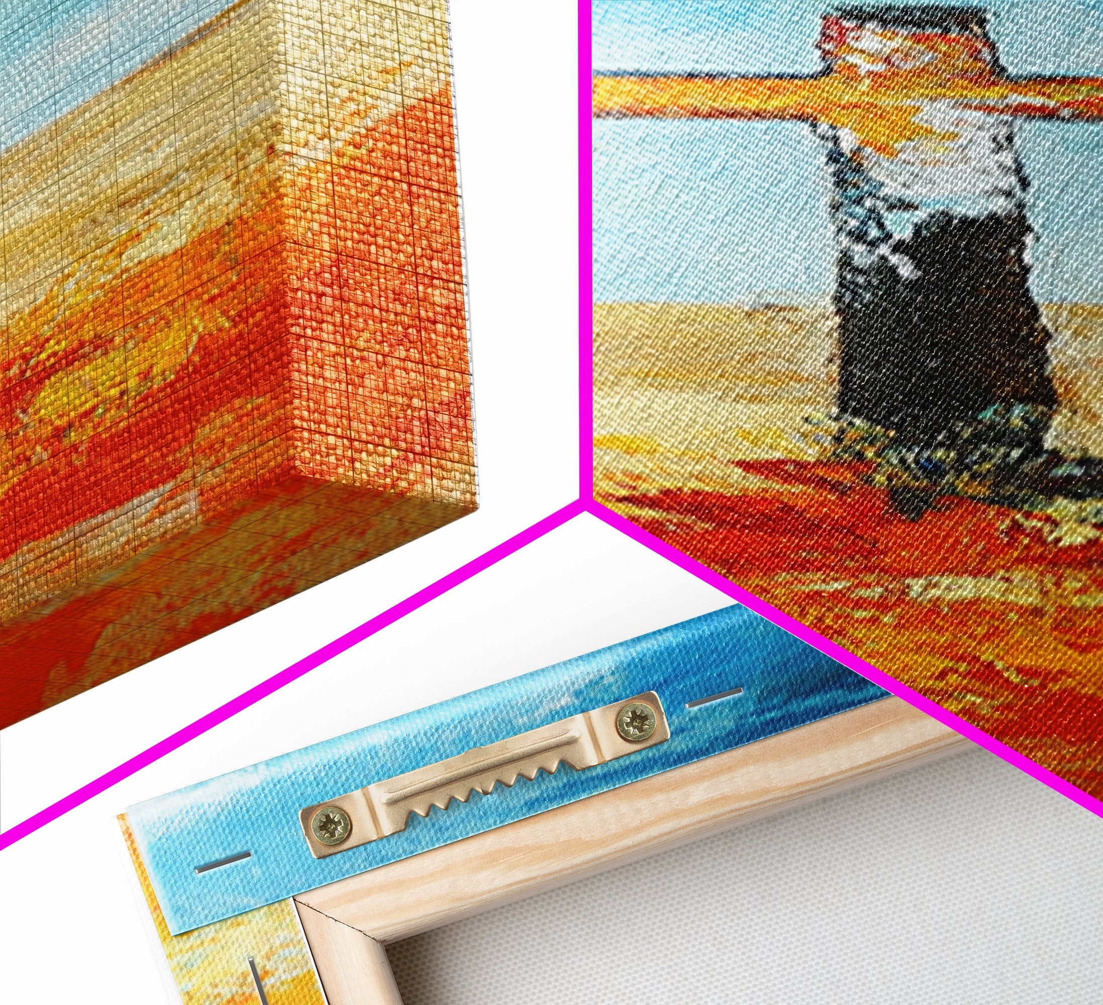 Framed canvas close-up showing blue artwork edge and hanging hardware with metal clip