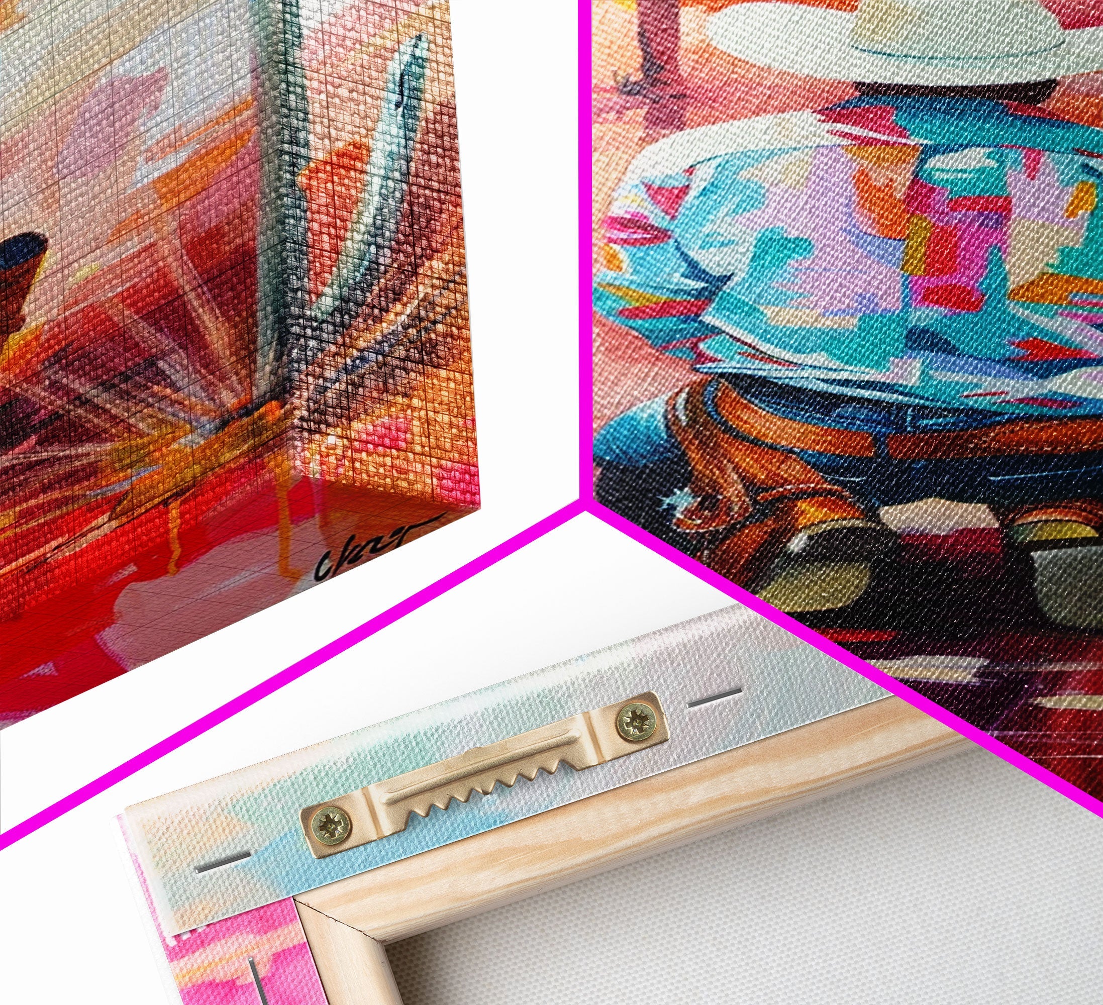 Framed canvas print corner with hanging hardware and colorful western artwork