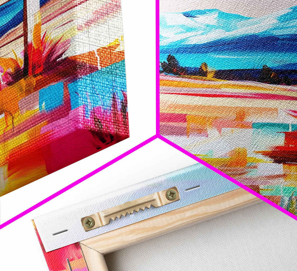 Framed canvas wall art corner with cross and landscape details