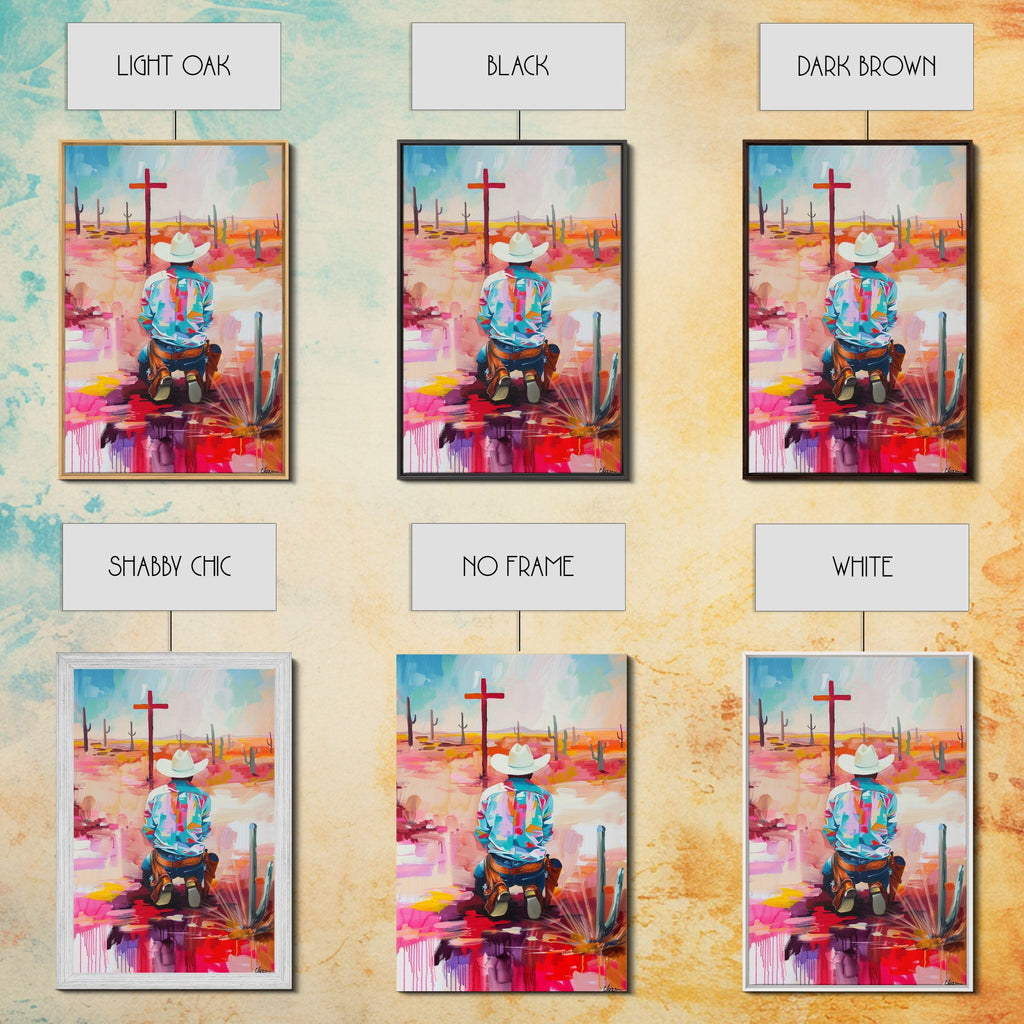 Framed canvas print shown in multiple frame colors, kneeling cowboy abstract desert art