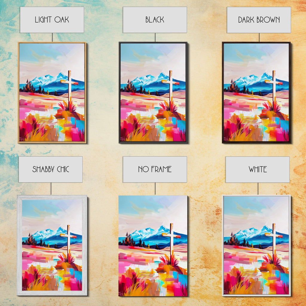 Set of framed canvas wall arts showing cross and colorful mountain scenery