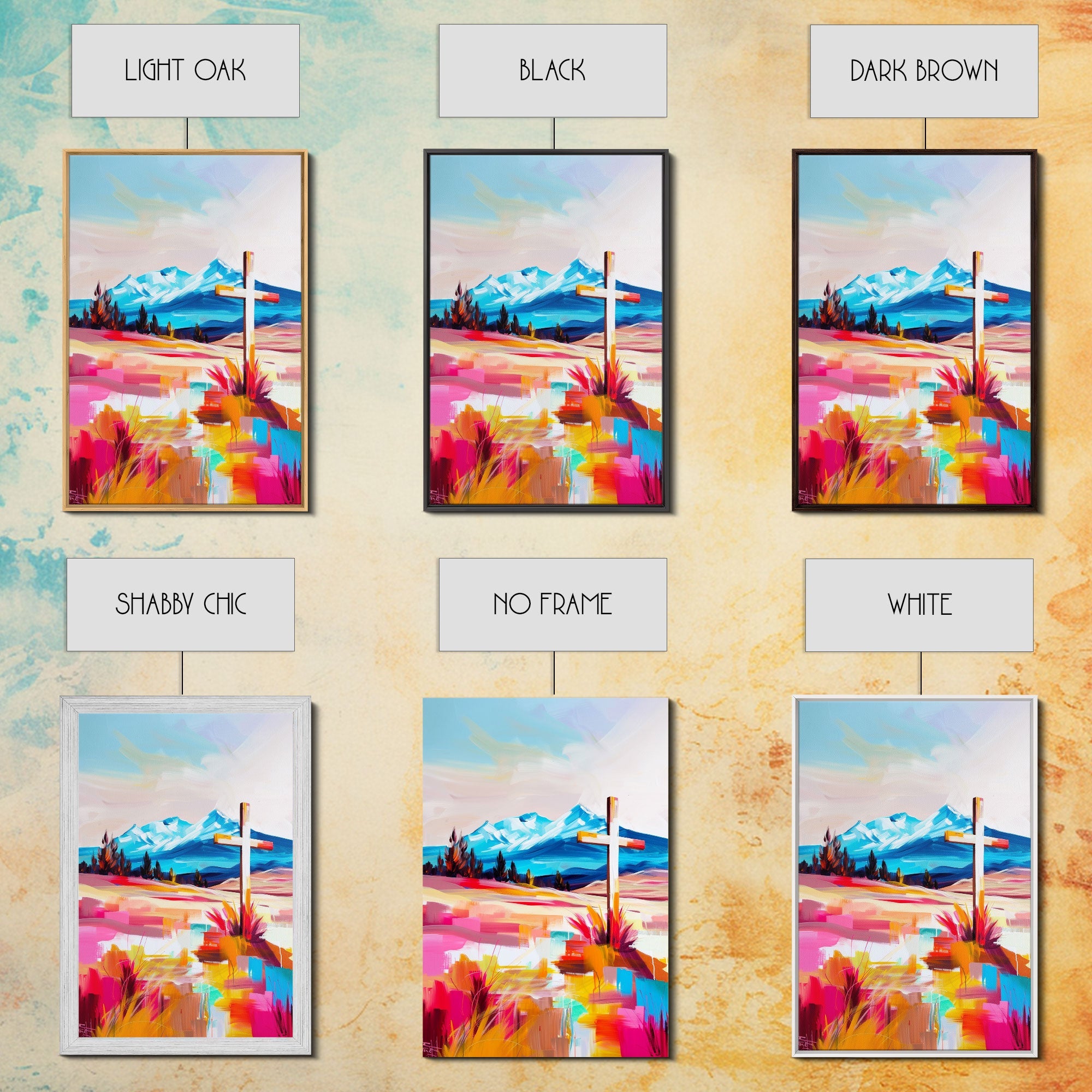 Set of framed canvas wall arts showing cross and colorful mountain scenery