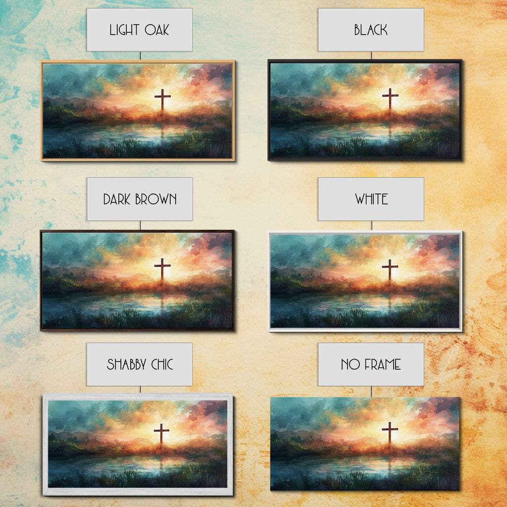 Grid of landscape canvas print options showing cross over sunset lake scenes