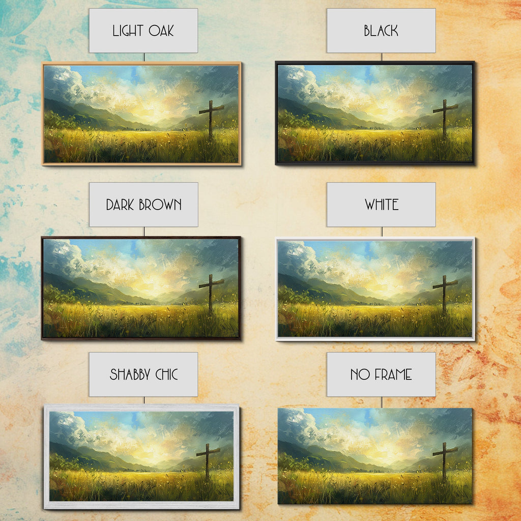 Cross landscape canvas print shown with multiple frame color options, including no frame