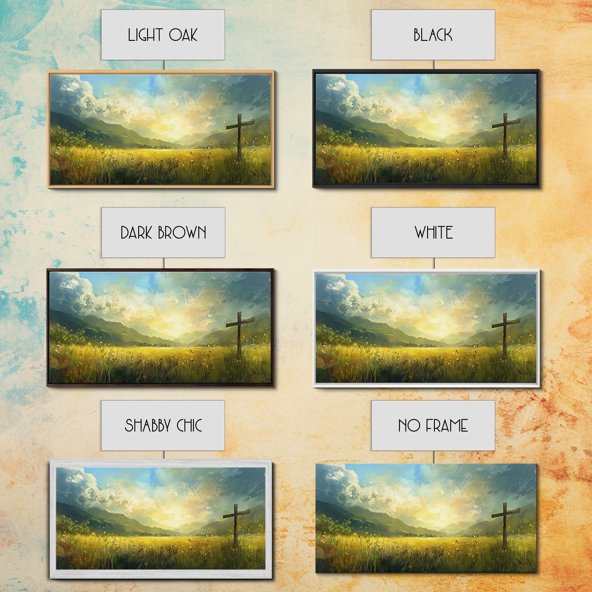 Cross landscape canvas print shown with multiple frame color options, including no frame