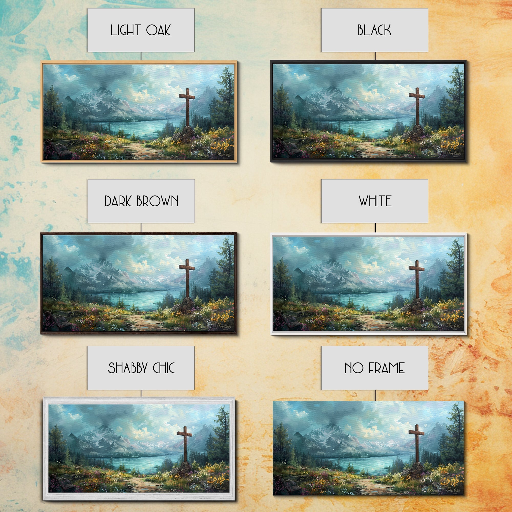 Framed canvas wall art shown in multiple frame styles, featuring a cross and mountain lake