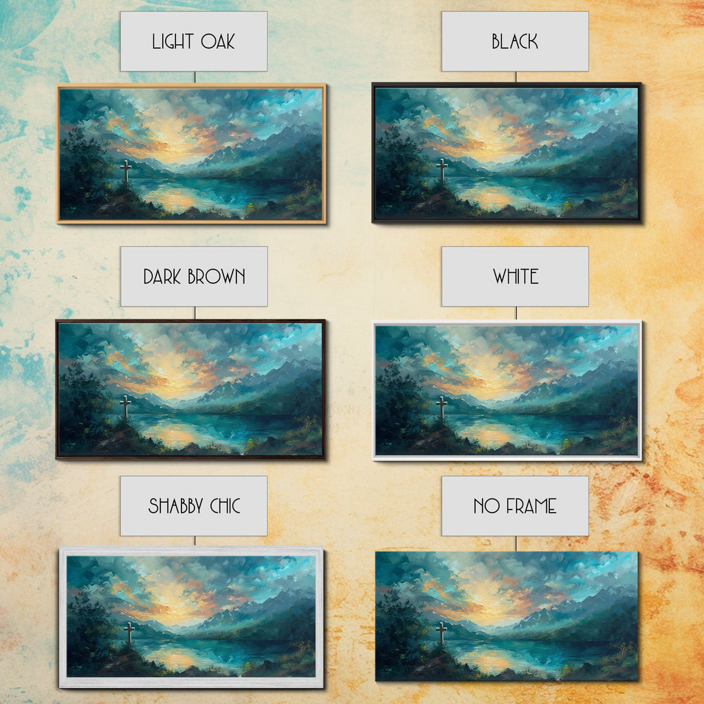 Set of cross landscape canvas prints shown with different frame styles and no-frame option