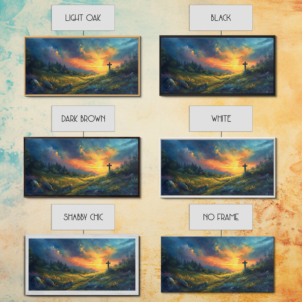 Set of framed landscape cross wall art options with different frame colors.