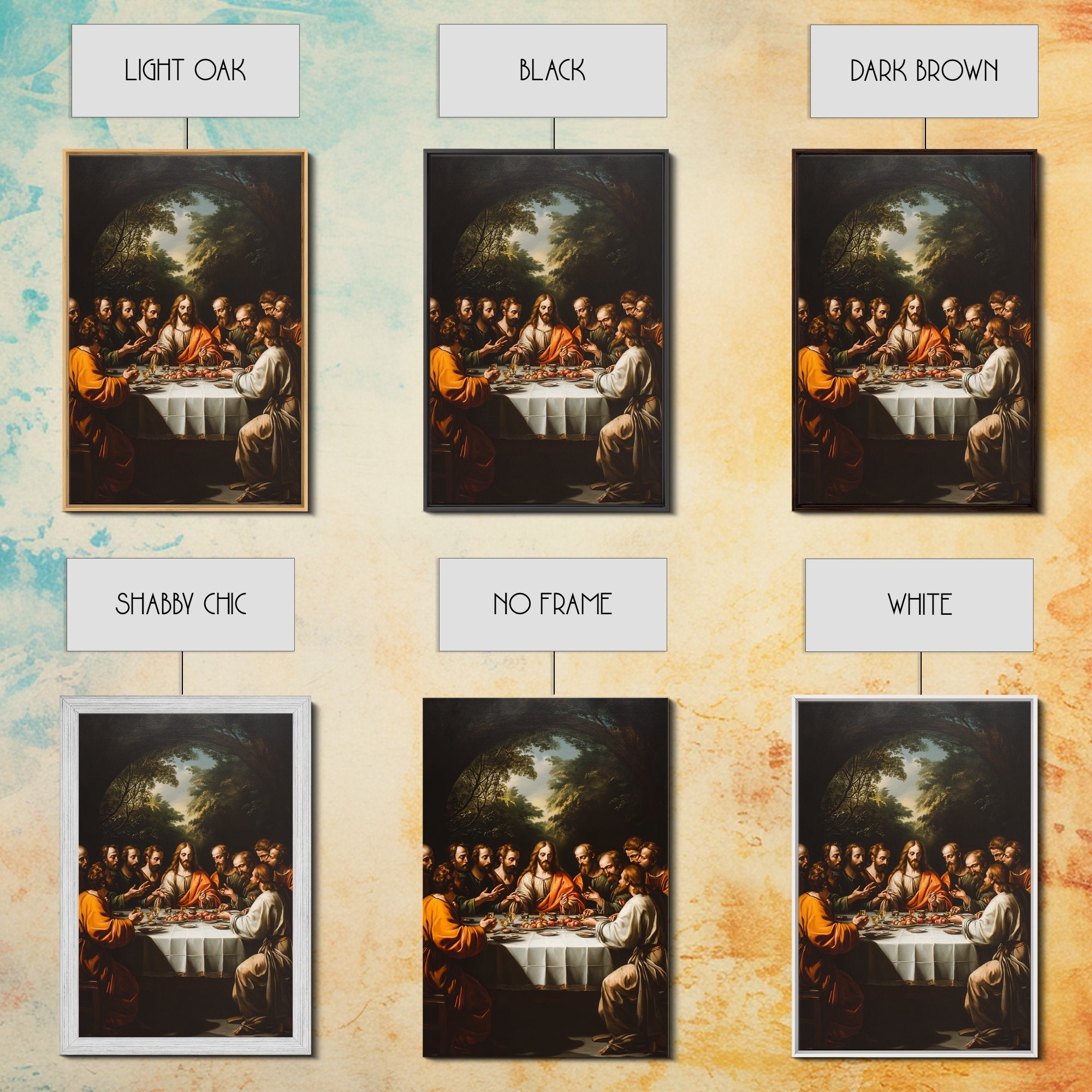 Framed canvas wall art options: light oak, black, dark brown, white, no frame