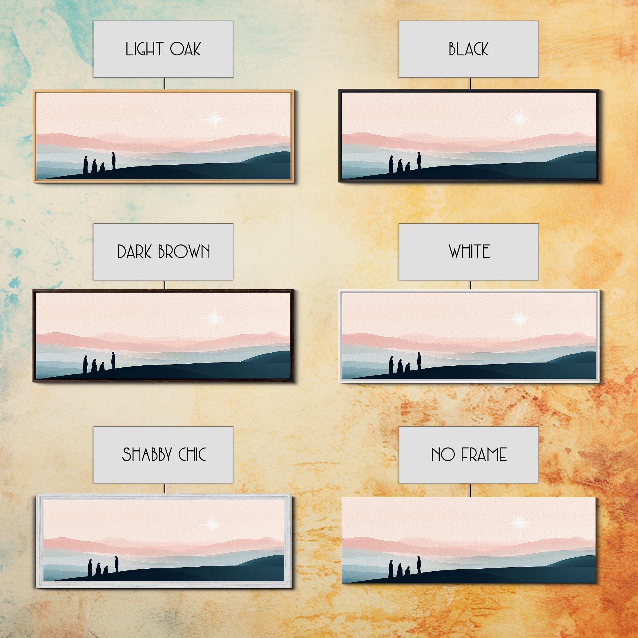 Framed canvas print shown in several frame colors with sunset landscape and silhouetted figures