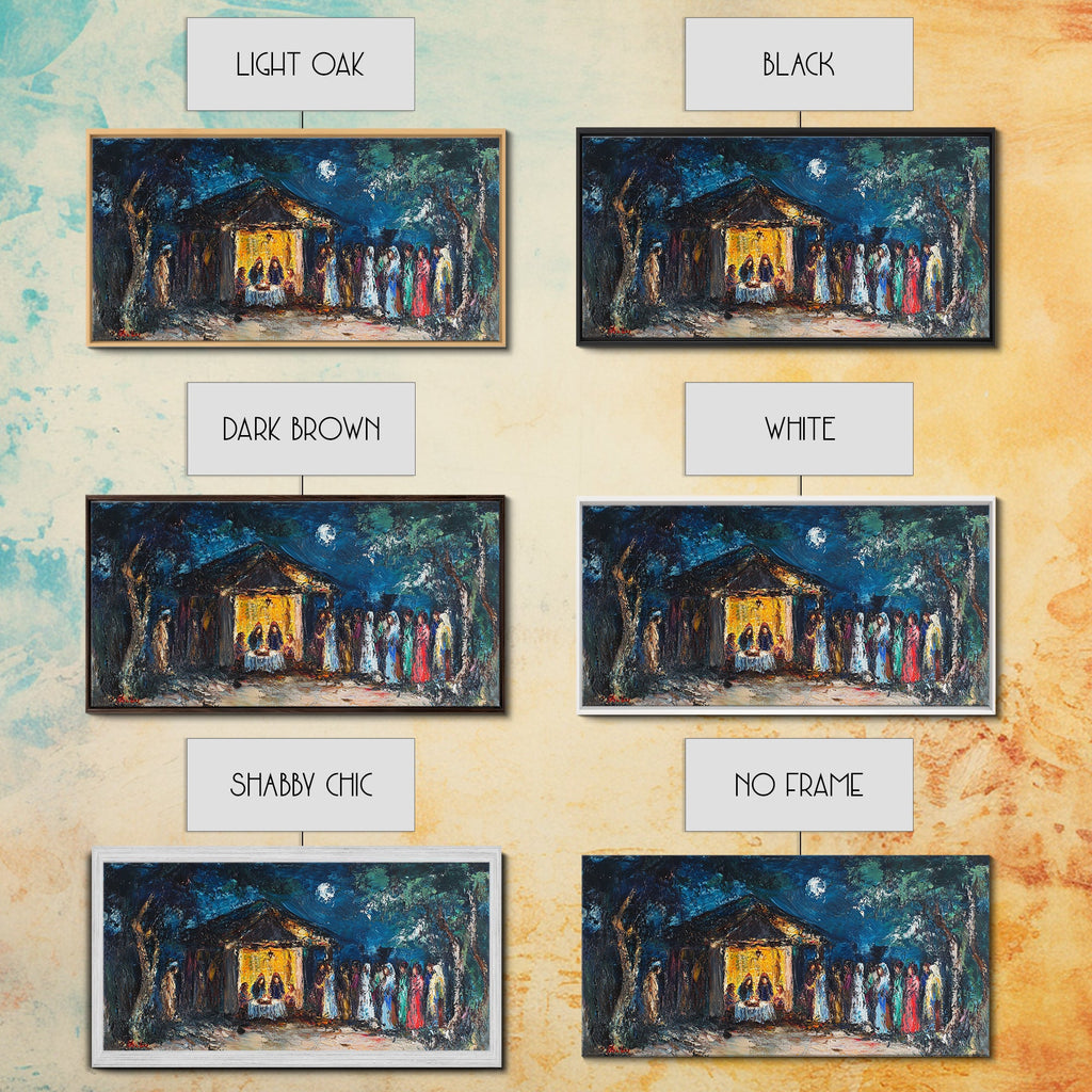 Abstract nativity canvas print shown in multiple frame colors, plus no-frame option preview
