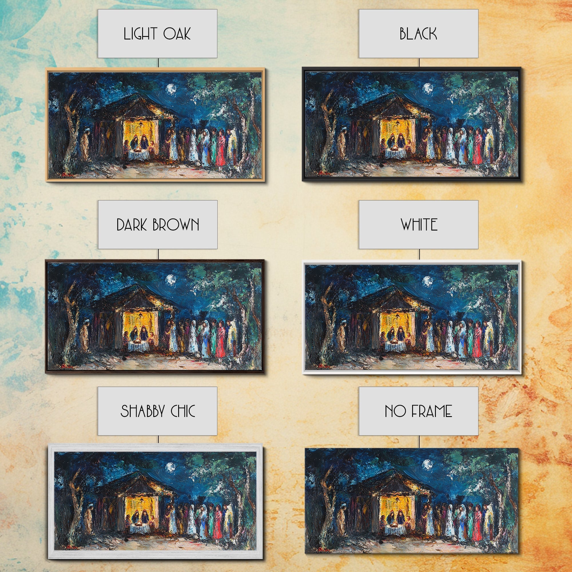 Abstract nativity canvas print shown in multiple frame colors, plus no-frame option preview