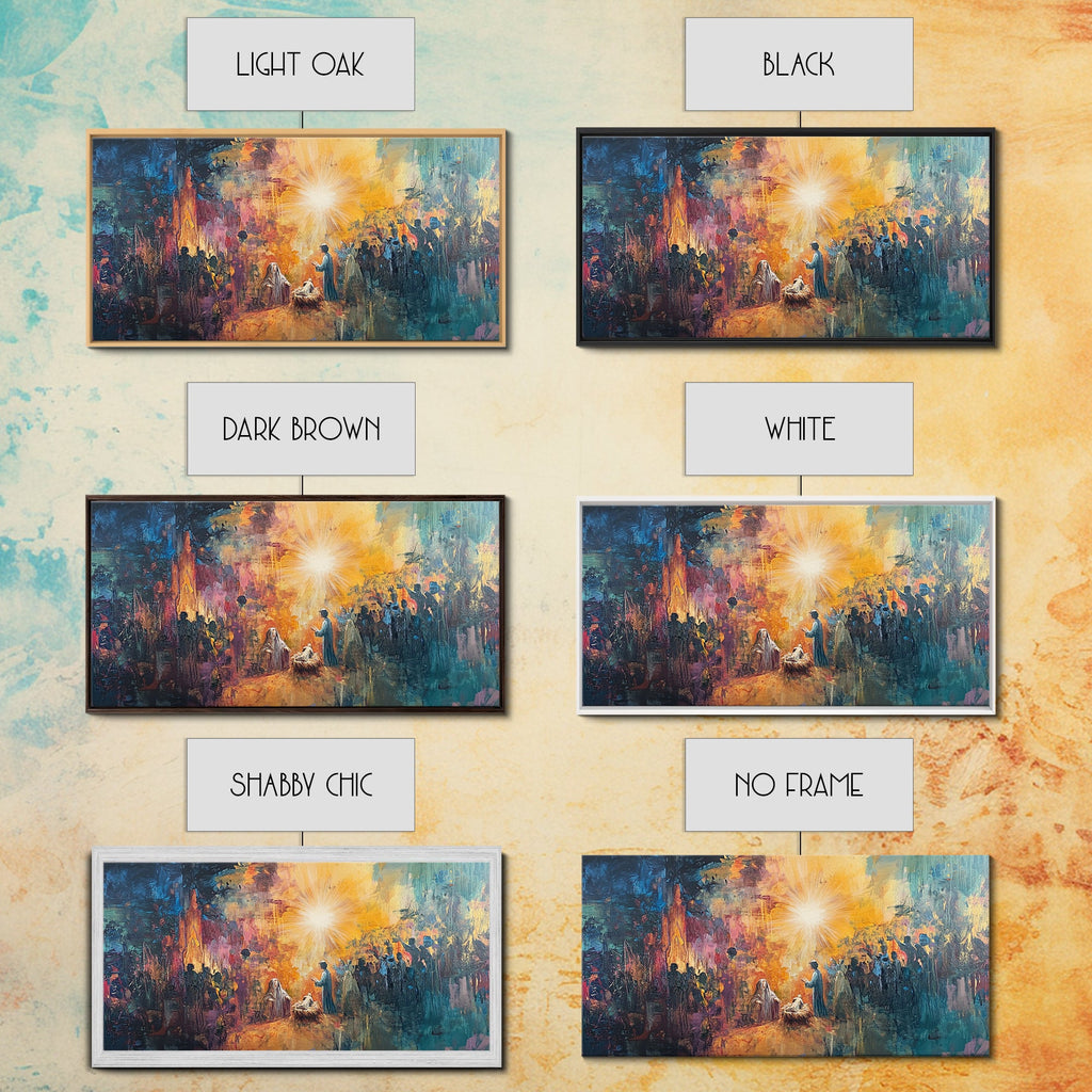 Nativity scene canvas print shown with multiple frame color options