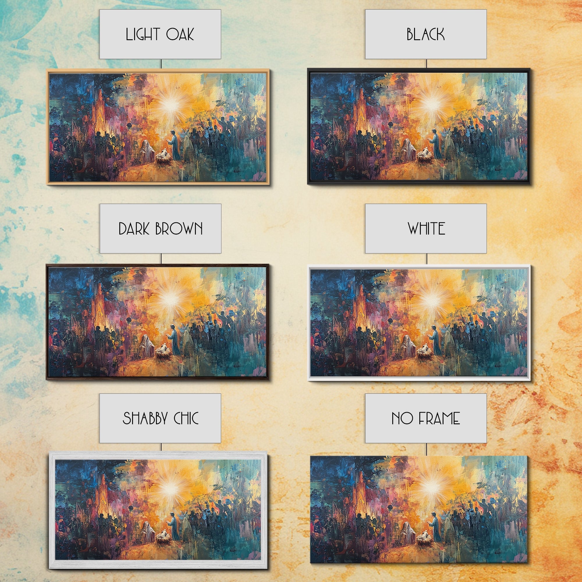 Nativity scene canvas print shown with multiple frame color options