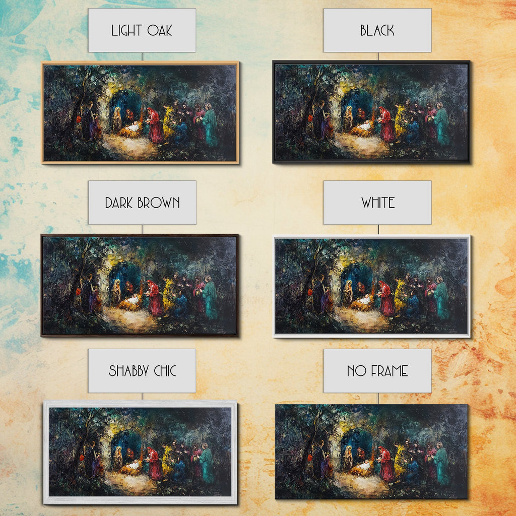 Set of nativity framed canvas options shown with light oak, black, white, and no frame