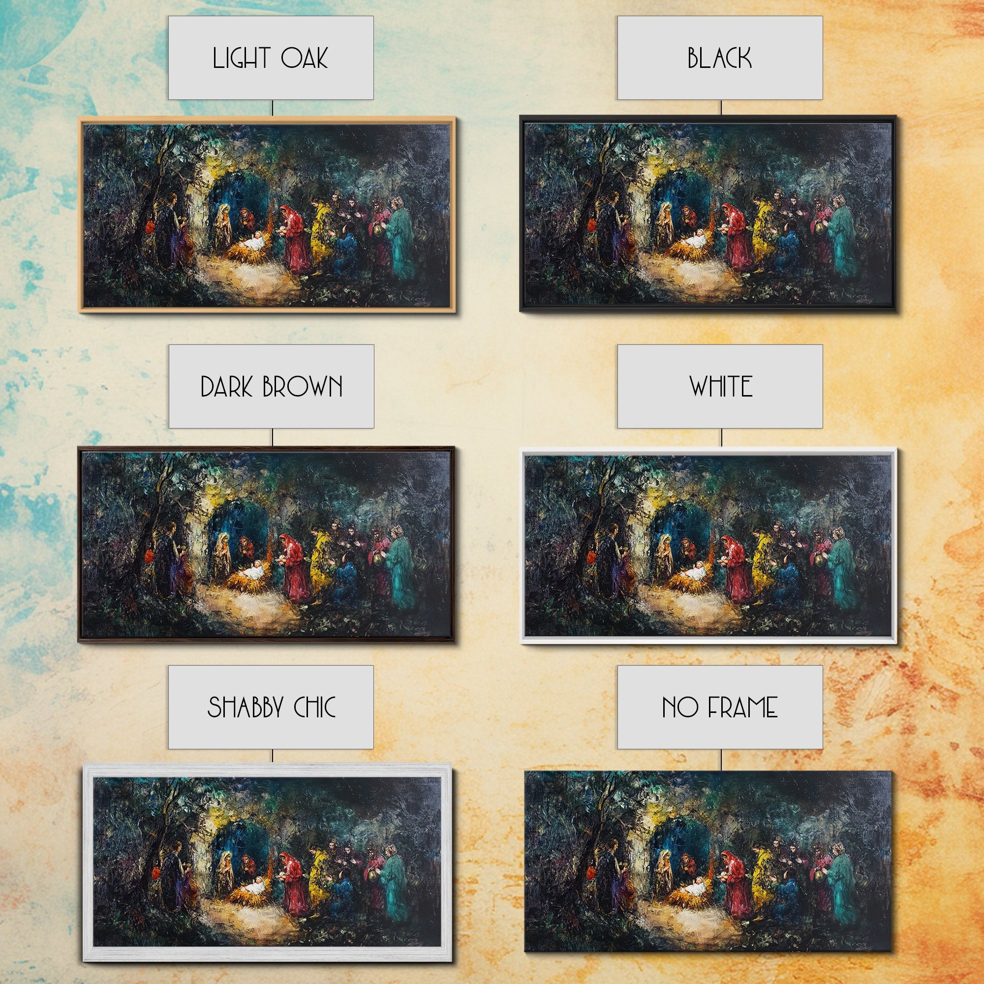Set of nativity framed canvas options shown with light oak, black, white, and no frame