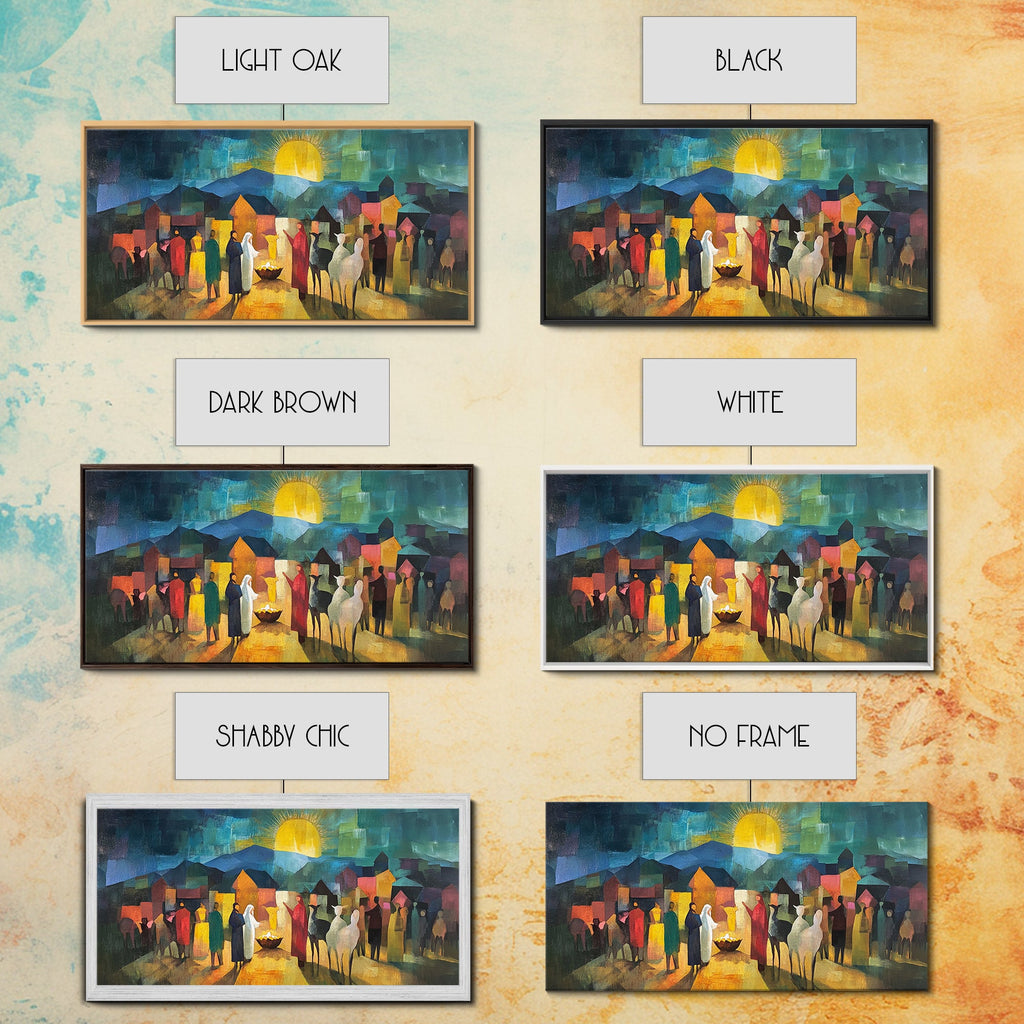 Nativity scene art print shown in multiple frame finishes: light oak, black, white, dark brown