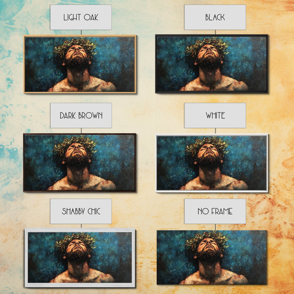 Canvas portrait shown in multiple frame finishes: light oak, black, white, none