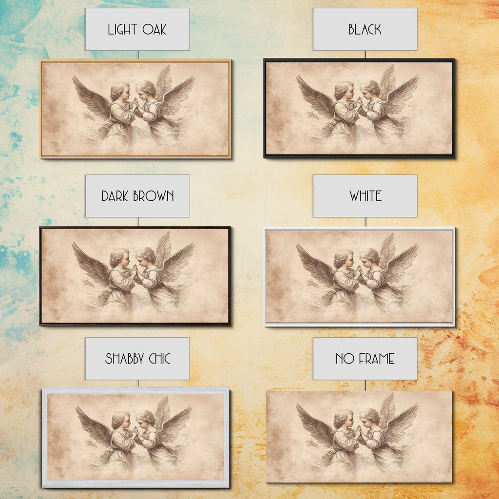Angel wall art canvas print shown in multiple frame colors and one no-frame option