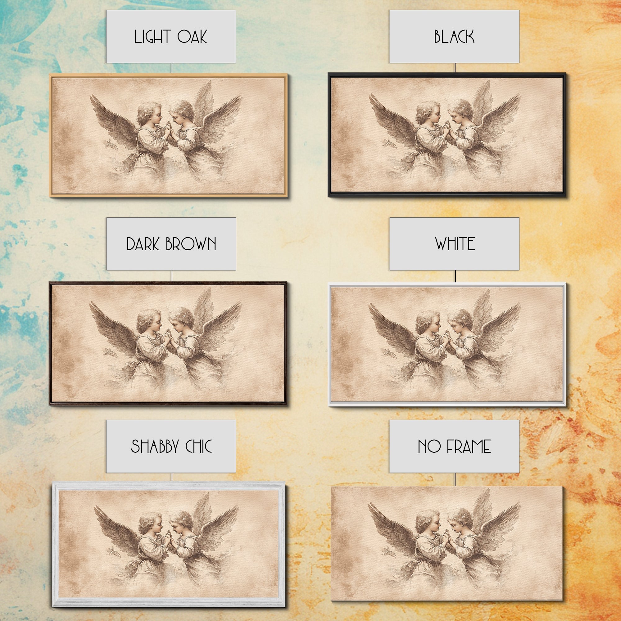 Angel wall art canvas print shown in multiple frame colors and one no-frame option