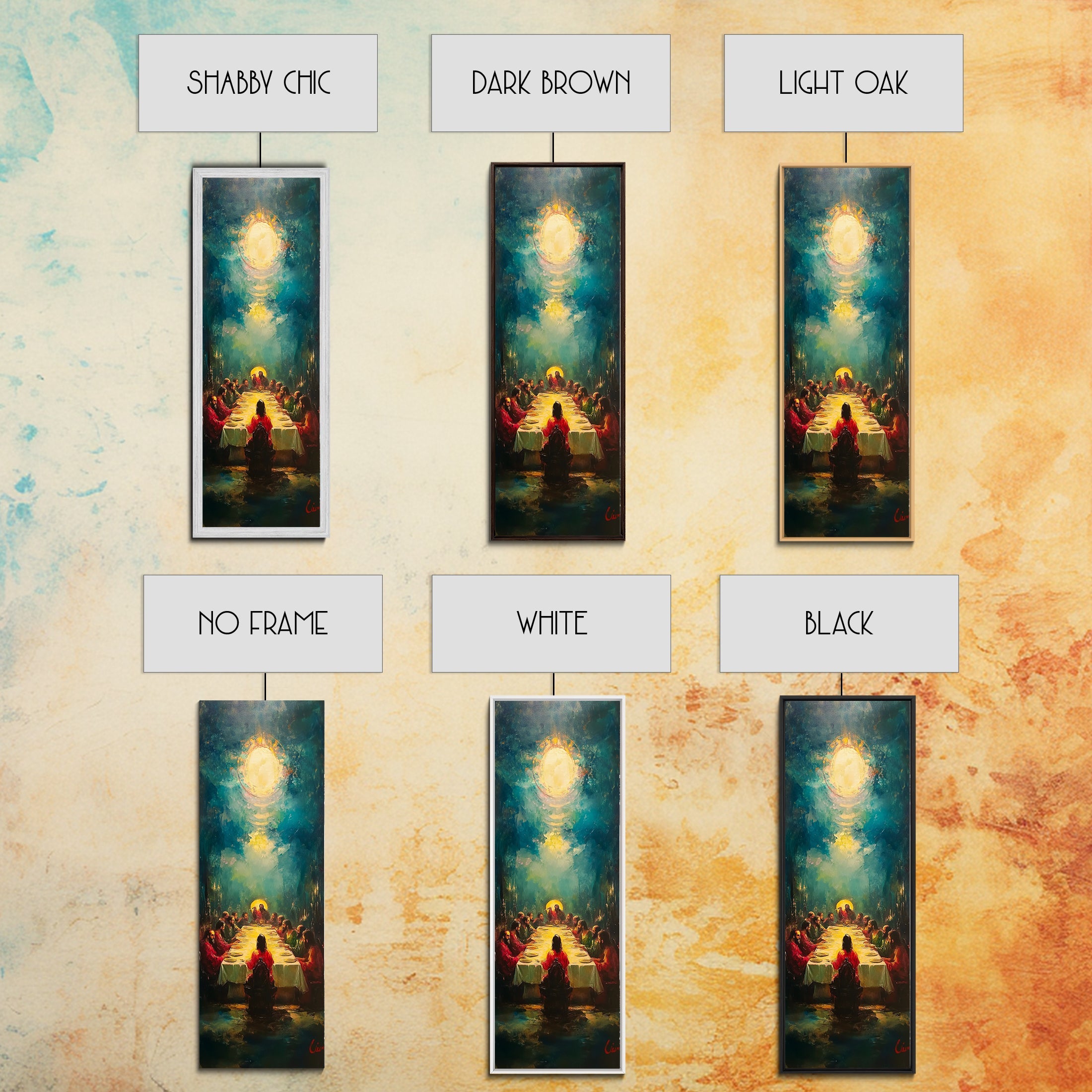 Framed canvas wall art options showing different frame colors and a no-frame style