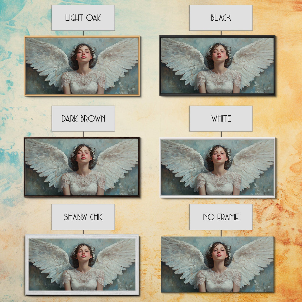 Framed angel canvas prints shown with multiple frame colors, including no frame