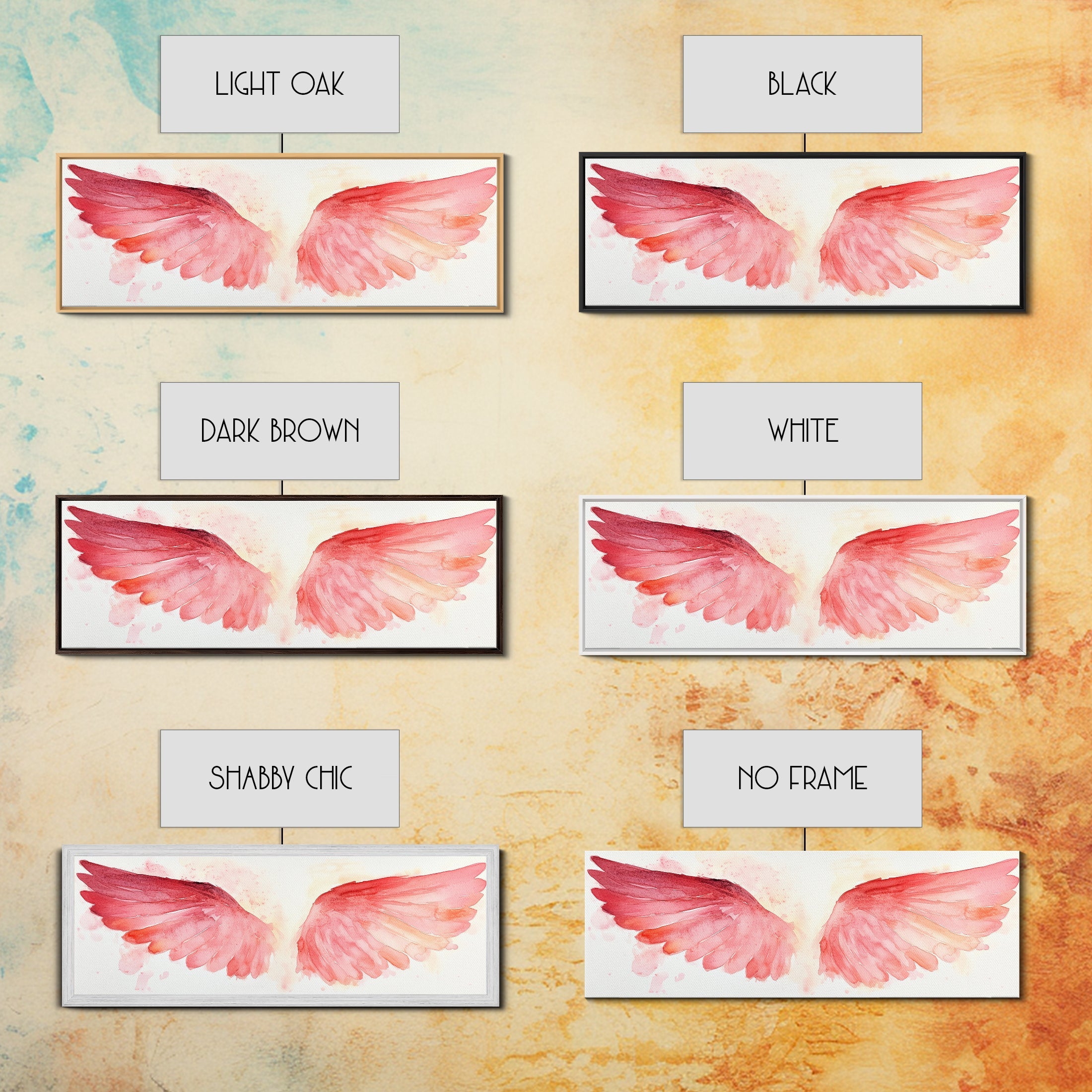 Pink angel wings canvas print shown with light oak, black, white and no-frame options