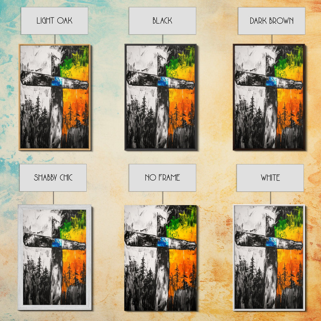 Cross canvas print in multiple frames: light oak, black, dark brown, white, or no frame