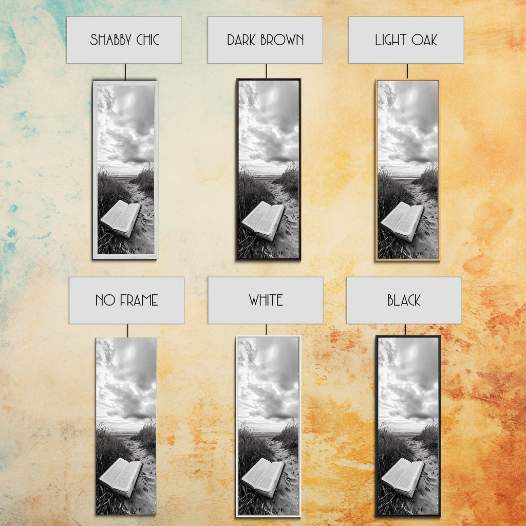 Canvas print frame style selection grid with grayscale open book on beach artwork