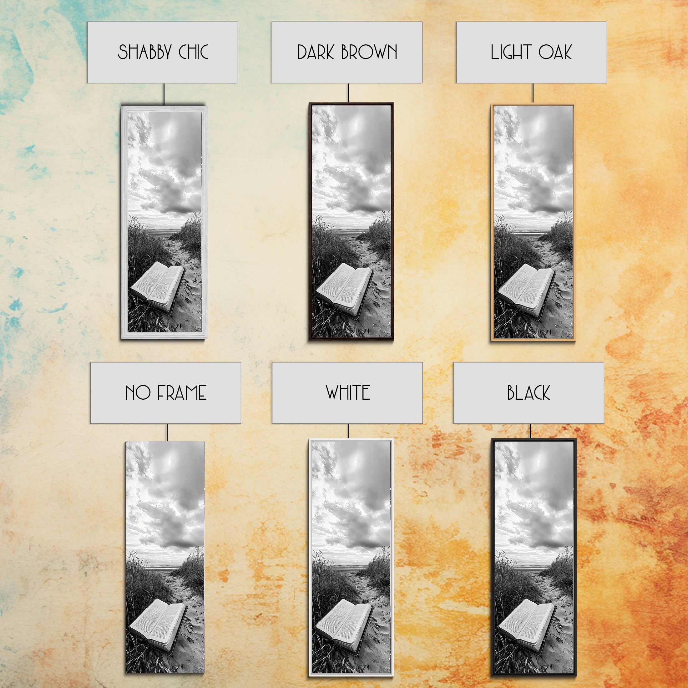 Canvas print frame style selection grid with grayscale open book on beach artwork