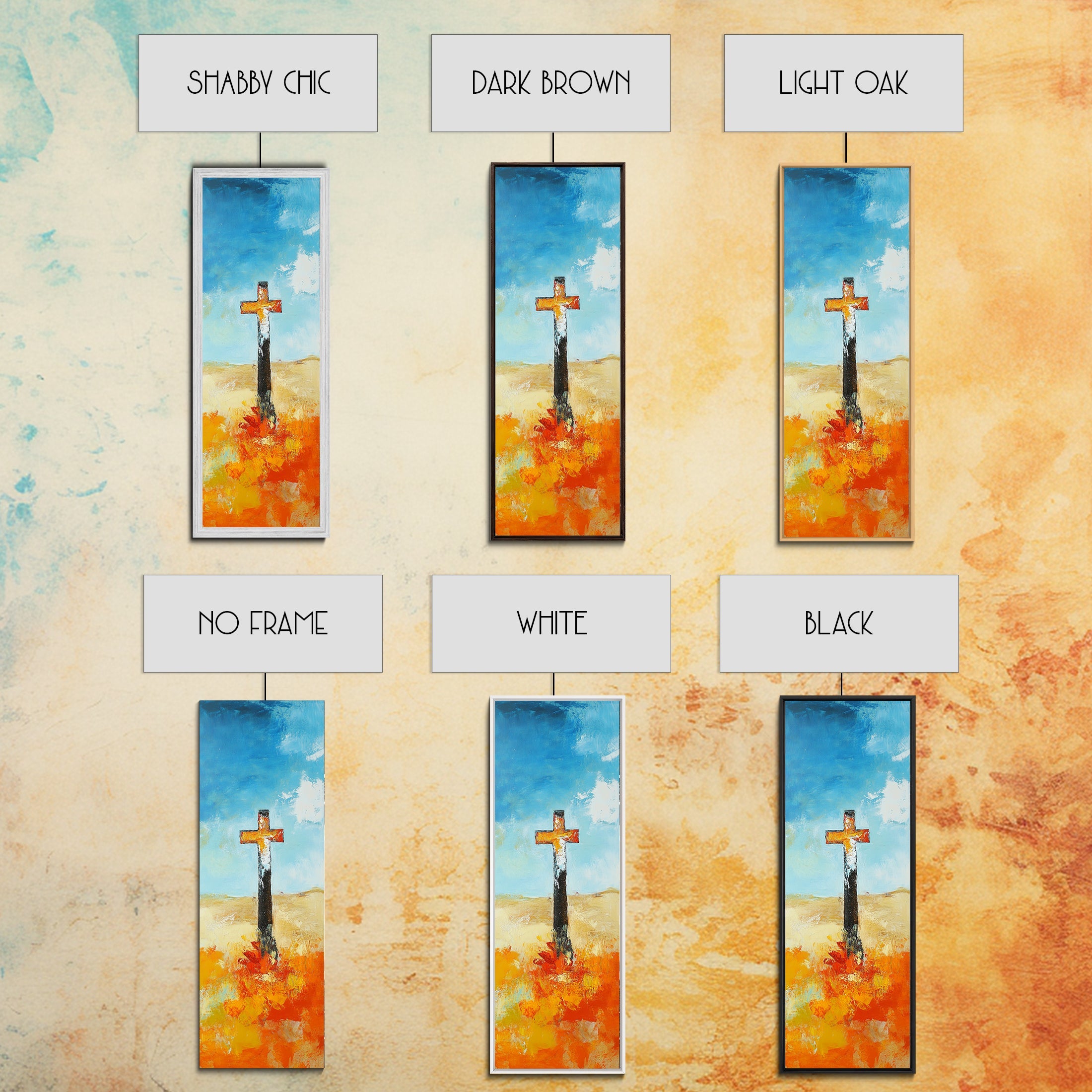 Set of framed canvas prints showing blue sky, black cross, and orange blossoms