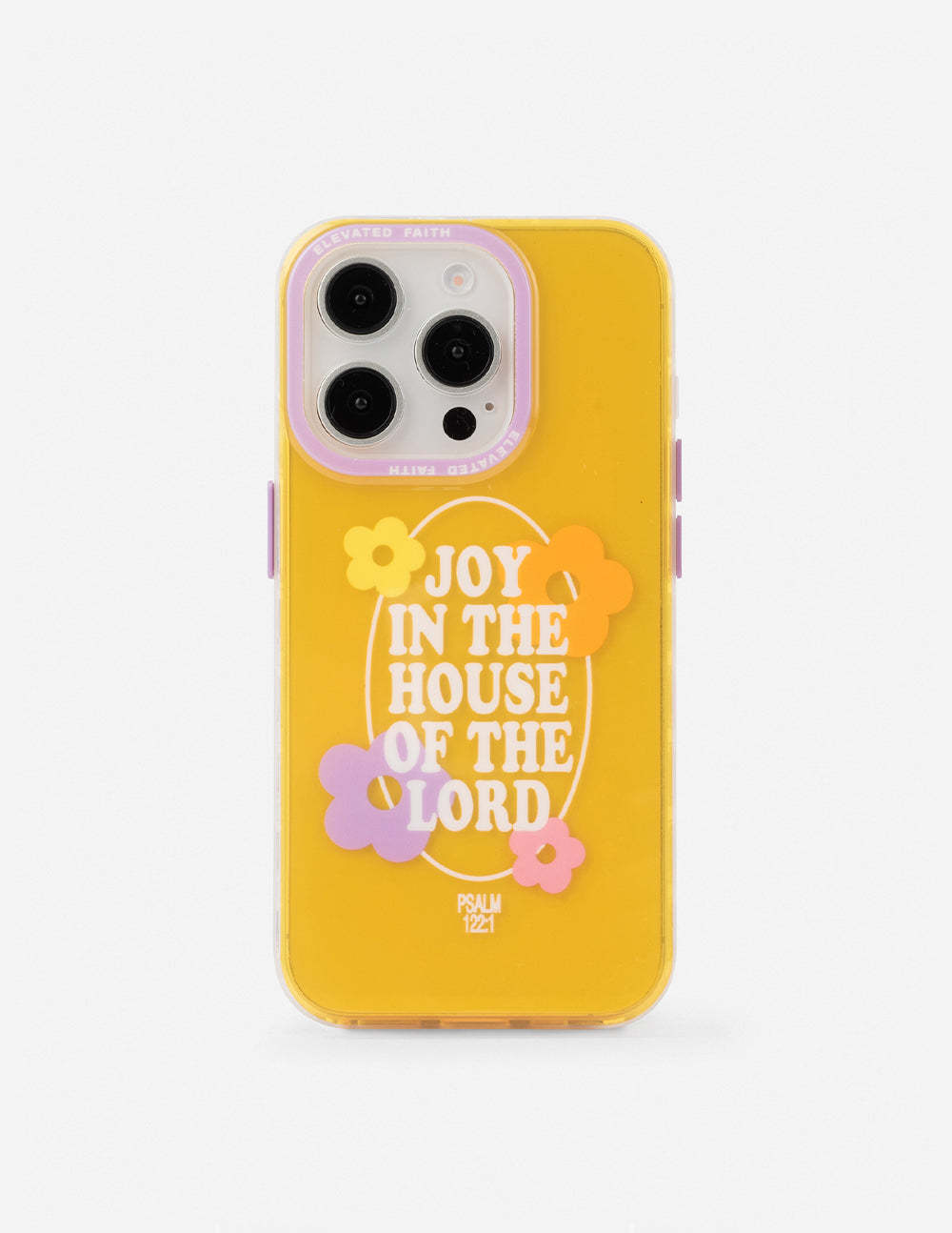 Yellow phone case with floral design and 'Joy in the House of the Lord' text