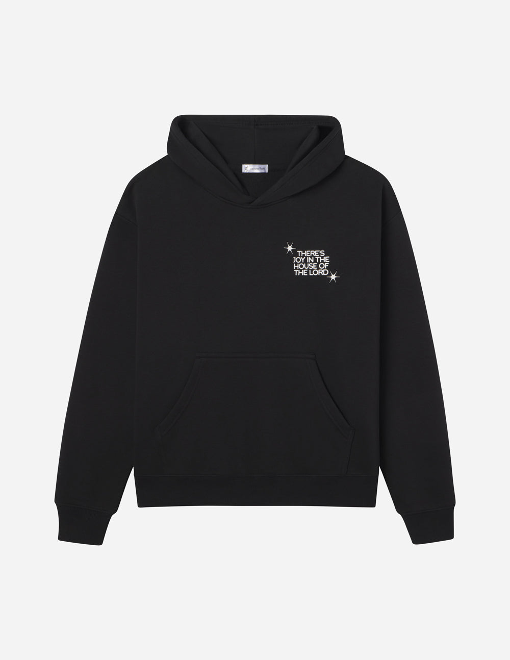 Black unisex hoodie with hood and small chest logo graphic