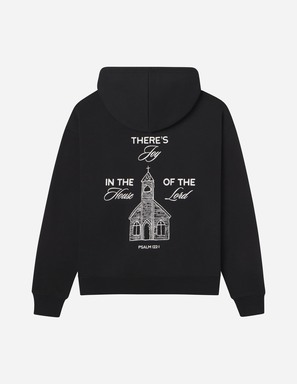 Black unisex hoodie with back graphic featuring church illustration and text