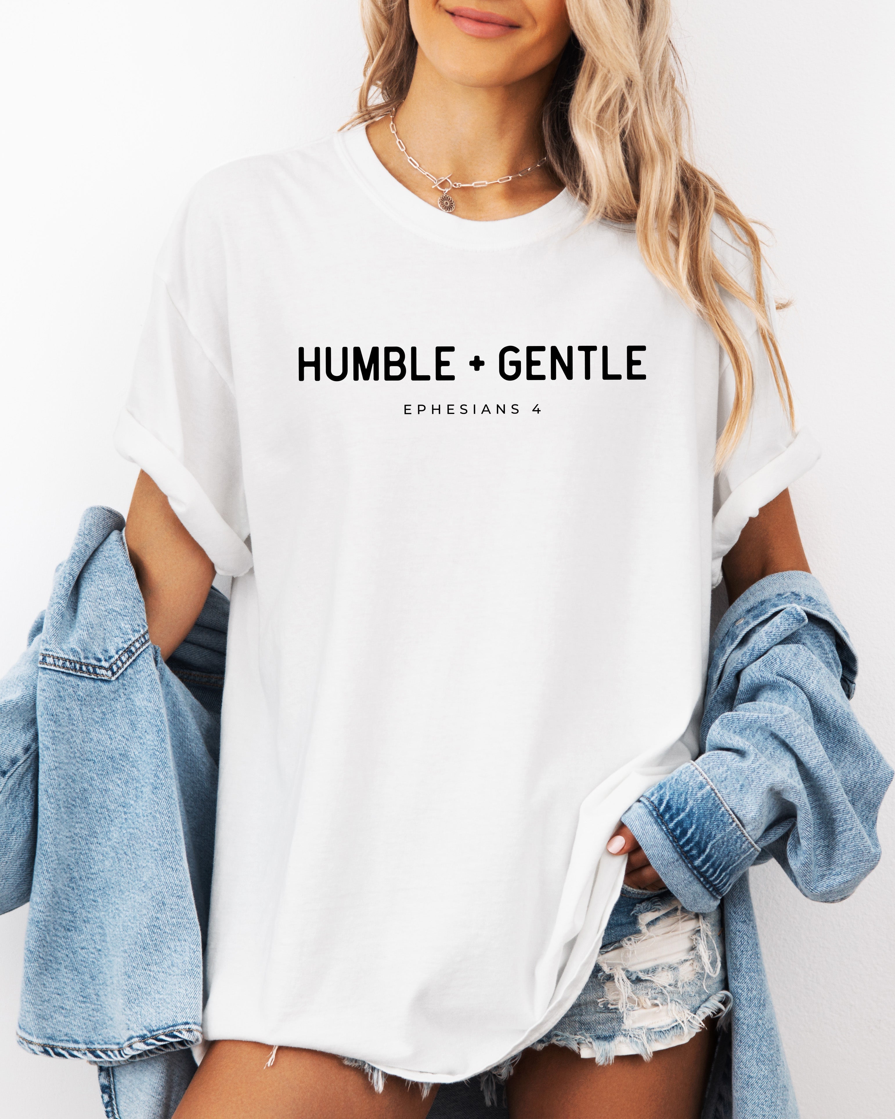 Garment-dyed T-shirt, white with “HUMBLE + GENTLE” chest graphic