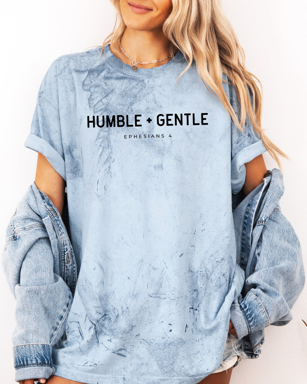 Garment-dyed unisex t-shirt, light blue, crew neck, “Humble + Gentle” front print