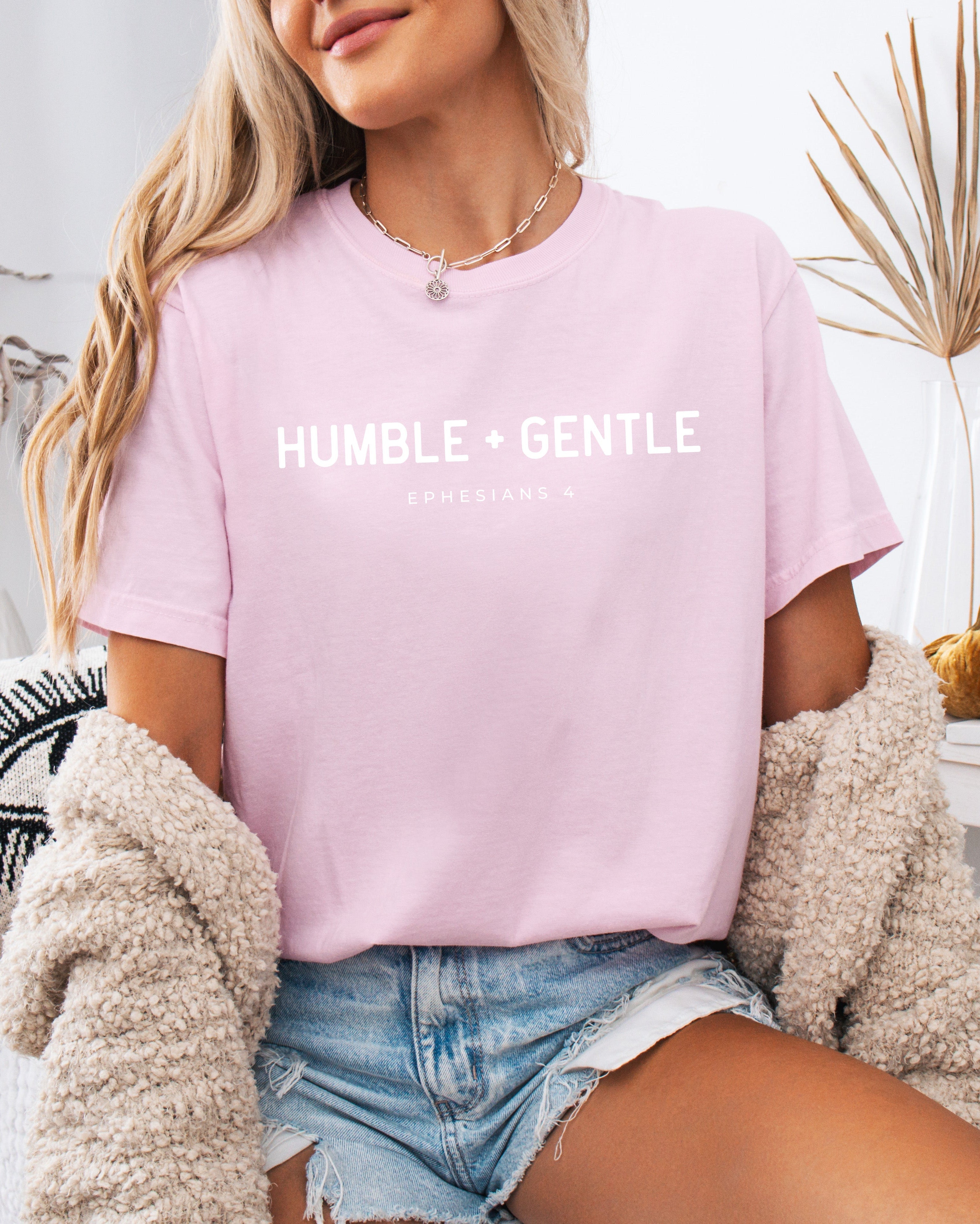 Garment-dyed unisex t-shirt, pale orchid, crew neck, “Humble + Gentle” front print